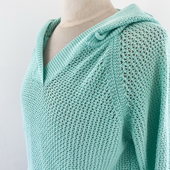 Turquoise Open-Knit Crochet Hoodie by Shirt 469, Size Medium, Linen Cotton Blend - Picture 9 of 11